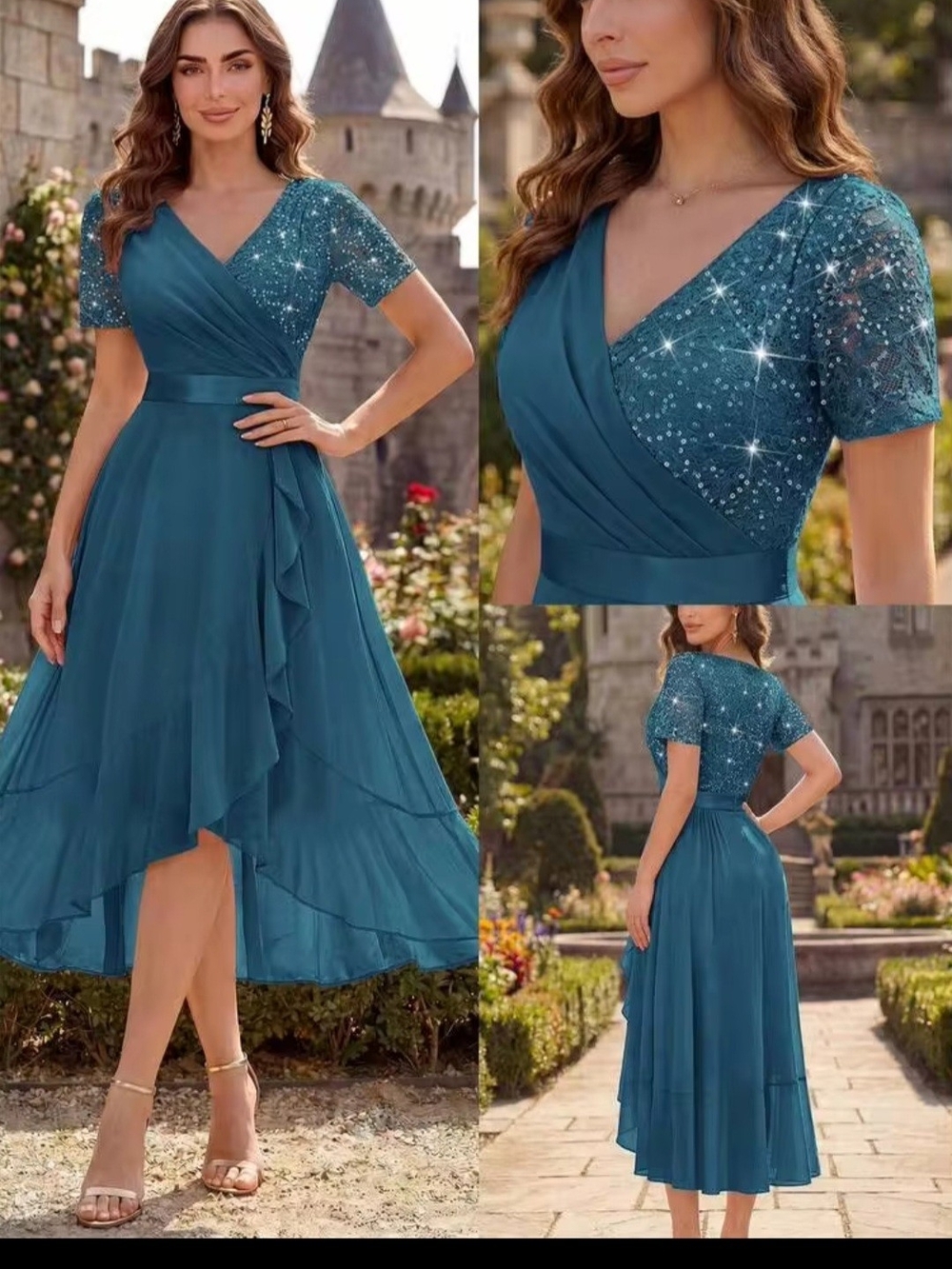 Miusol Teal High-Low Sequined Chiffon Dress